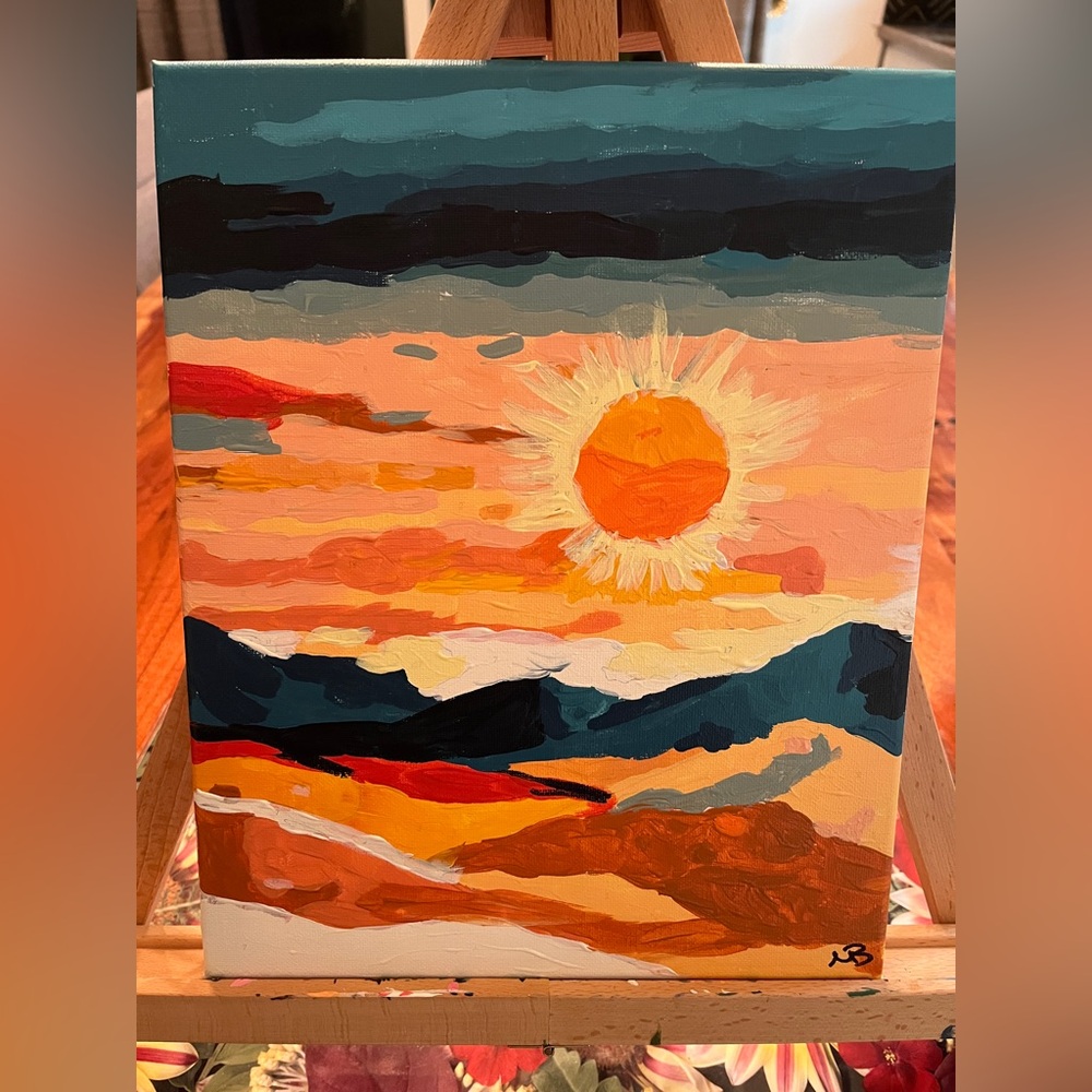Hand painted by me acrylic on canvas mountain sunrise blue and yellow